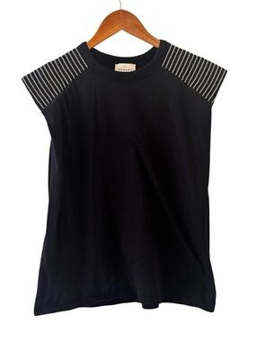 Sezane Abelia Black Tee with Striped Padded Shoulder Detail Size M